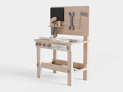 Kids Wooden Play Table with Tool Board and Hanging Accessories for Creative Playtime 3d model