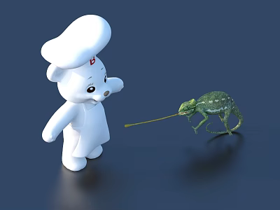 Cute Decorative Ornament Set with White Chef Bear and Green Lizard 3d model