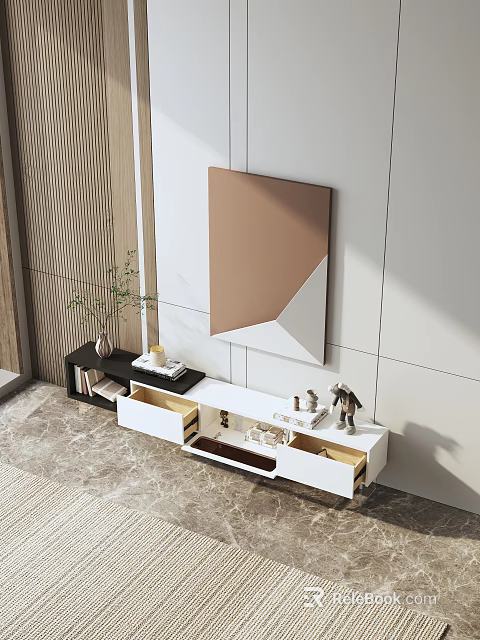 Modern TV Stand Design With Storage Drawers Decorative Vase And Minimalist Wall Art 3d model 