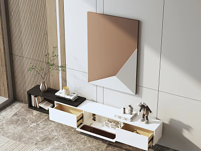 Modern TV Stand Design With Storage Drawers Decorative Vase And Minimalist Wall Art 3d model