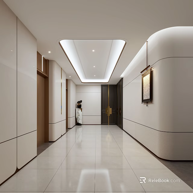 Modern Elevator Hallway Interior With White Curved Walls Sleek Floors And Ceiling Lights 3d model