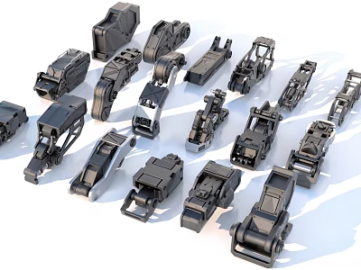 Different Types of Black Industrial Equipment Parts Arranged on White Surface 3d model