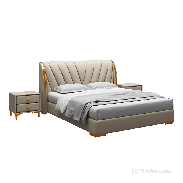 Double Bed with Curved Tufted Headboard and Light Gray Nightstands 3d model