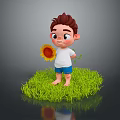 Cute Child Holding Sunflower Standing On Green Grass Wearing White Shirt And Blue Shorts