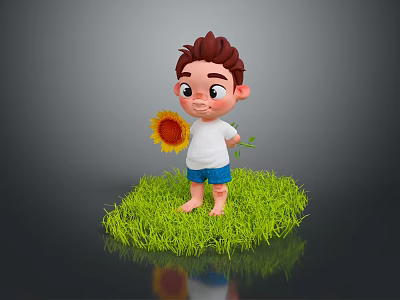 Cute Child Holding Sunflower Standing On Green Grass Wearing White Shirt And Blue Shorts 3d model