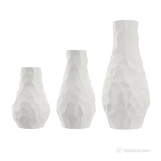 Three White Ceramic Vases with Polyhedral Design and Geometric Texture in Various Sizes 3d model