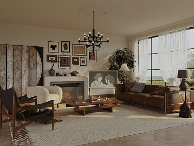 Cozy Living Room Interior Design With Chandelier Brown Leather Sofa Fireplace And Decorative Paintings 3d model