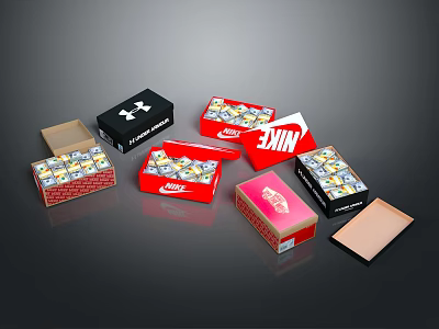 Decorative Ornament Set with Black Red Pink Open Closed Boxes and Brand Logo Designs 3d model