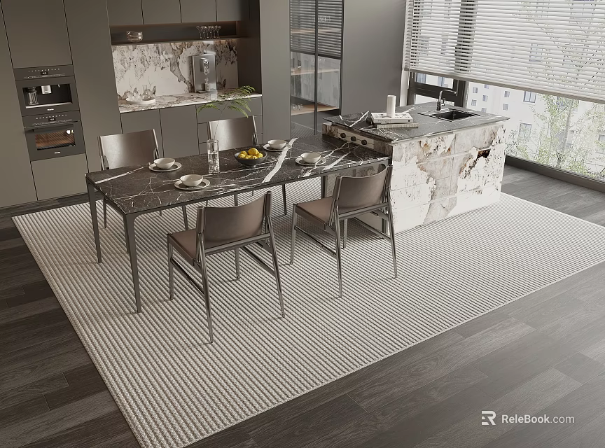 Modern Dining Table Set With Four Chairs And Tableware In Open Kitchen Space 3d model