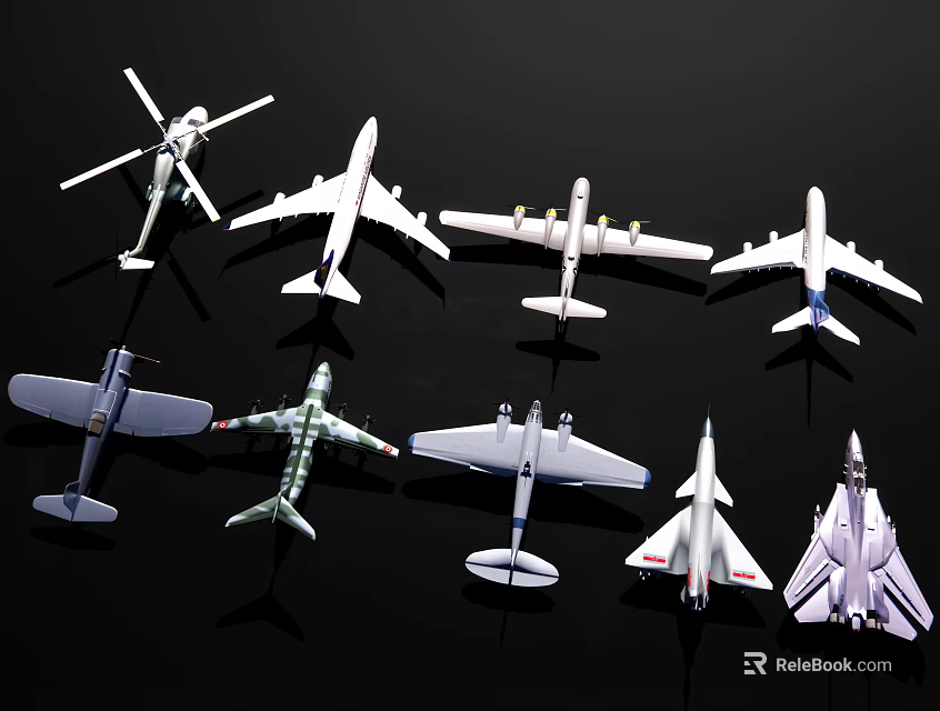 Various Airplane Models Displayed In Different Styles On Black Background 3d model