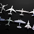 Various Airplane Models Displayed In Different Styles On Black Background 3d model