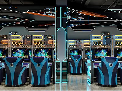 Modern Blue Cyber Cafe Interior With Neon Lights Gaming Chairs And Computer Screens 3d model