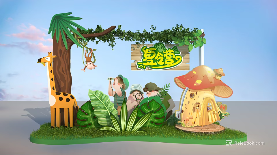 Summer Camp Themed Area Featuring Giraffe Monkey Mushroom House Green Plants And Kids 3d model 