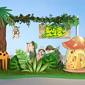 Summer Camp Themed Area Featuring Giraffe Monkey Mushroom House Green Plants And Kids