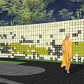Decorative Feature Wall With Yellow Black Mosaic Pattern Trees And Paved Ground In Night Scene