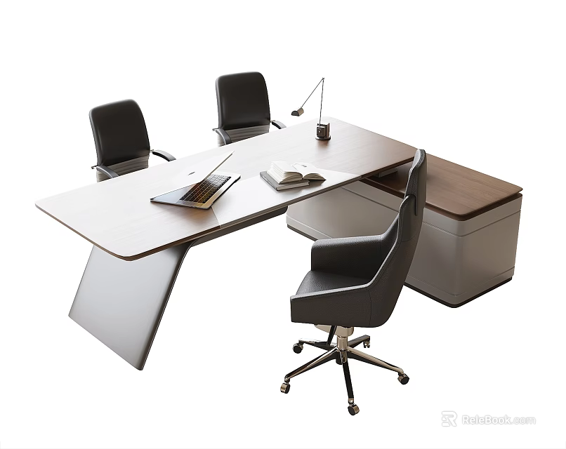 Modern Office Desk With Three Black Chairs Laptop Desk Lamp Open Book And Wooden Cabinet 3d model 