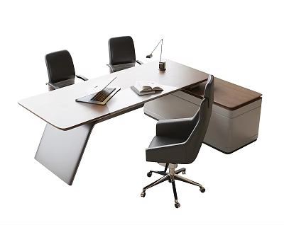 Modern Office Desk With Three Black Chairs Laptop Desk Lamp Open Book And Wooden Cabinet 3d model