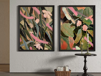 Two Framed Decorative Paintings With Pink Flowers Green Leaves And Small Table With Candles 3d model