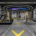 Modern Fitness Gym Interior With Workout Equipment Yellow Arrow Markings And Wall Art