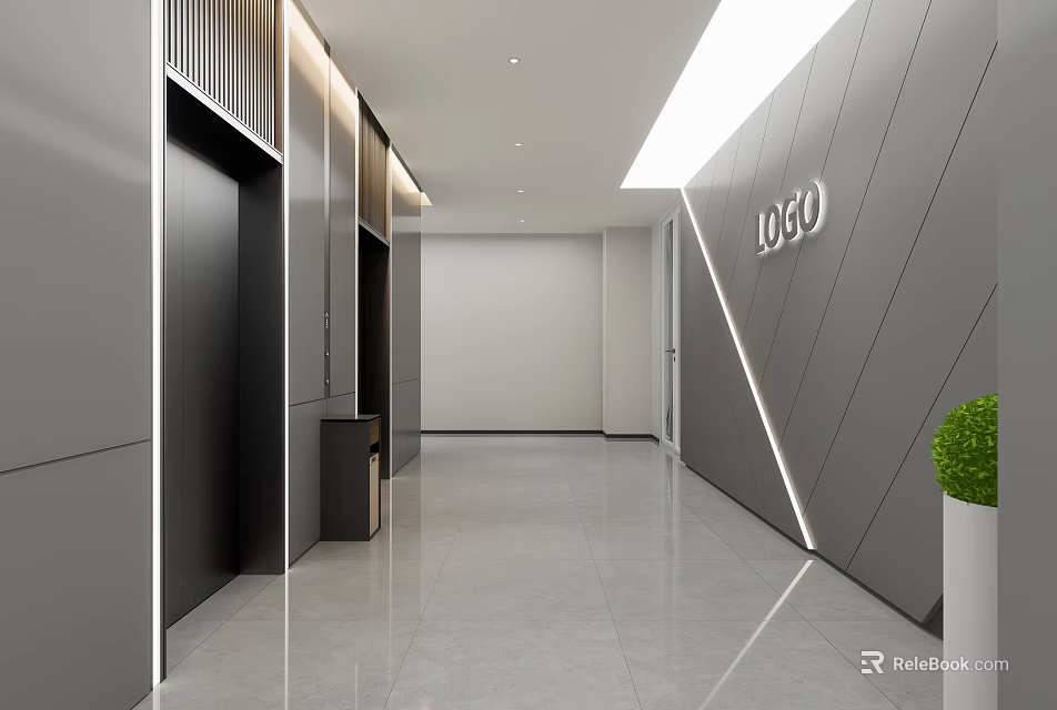 Modern Elevator Lobby With Gray Walls White Lighting Logo And Green Plant 3d model 