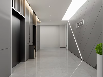 Modern Elevator Lobby With Gray Walls White Lighting Logo And Green Plant 3d model