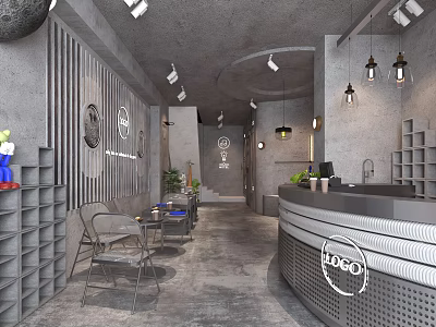 Modern Industrial Bubble Tea Shop Interior With Bar Counter Tables And Pendant Lights 3d model