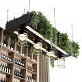 Modern Bar Counter With Wine Racks Hanging Green Plants And Wooden Cabinets