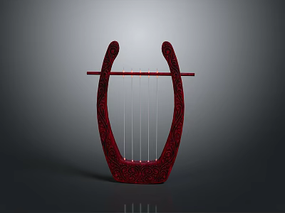 Red Ornate Harp with Intricate Carved Patterns and Elegant Curved Structure 3d model