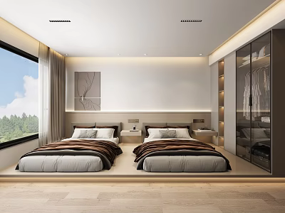 Modern Bedroom Interior With Twin Beds Large Window Glass Wardrobe And Wooden Flooring 3d model