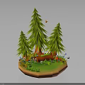 Miniature Nature Scene With Green Pine Trees Grass Red Mushrooms Flowers Birds And Butterflies