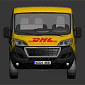 Yellow DHL Delivery Van Featuring Brand Logo With Reflection On Dark Background 3d model
