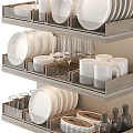 Organized Dinnerware Set With Plates Mugs Glasses Bottles On Multi Tiered Shelves
