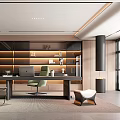 Modern Study Room Interior With Wooden Desk Comfortable Chair And Bookshelves