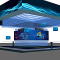 Modern Computer Tech Display With Blue Digital Screen And Presenter In Exhibition Area