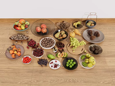 Fresh Assorted Fruits with Grapes Apples Bananas and Watermelon in Bowls on Wooden Table 3d model
