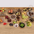 Fresh Assorted Fruits with Grapes Apples Bananas and Watermelon in Bowls on Wooden Table
