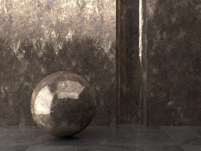 Metallic Sphere Sculpture Display On Dark Floor With Textured Wall Background 3d model
