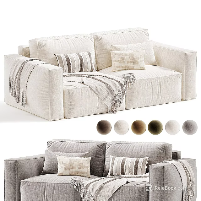 Two Seater Sofa in Linen Fabric with Striped Pillows Throw Blanket and Multiple Color Options 3d model 