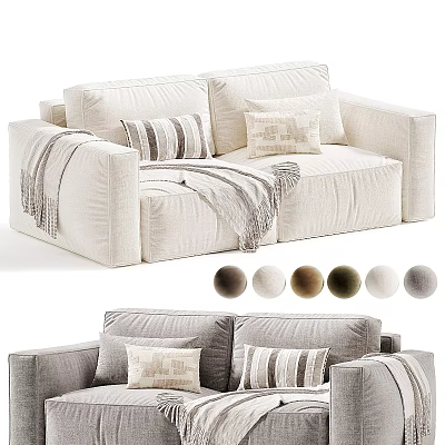 Two Seater Sofa in Linen Fabric with Striped Pillows Throw Blanket and Multiple Color Options 3d model