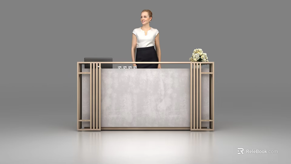 Modern Reception Desk Featuring Gray Marble Top Wooden Frame and Female Receptionist with Flower Arrangement 3d model 