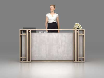 Modern Reception Desk Featuring Gray Marble Top Wooden Frame and Female Receptionist with Flower Arrangement 3d model