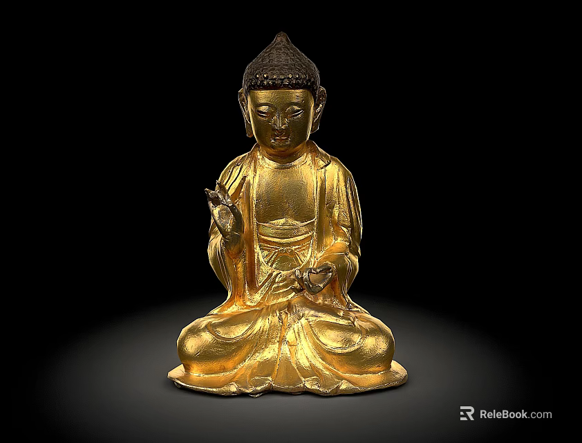 Golden Seated Buddha Sculpture With Intricate Carved Details And Serene Expression 3d model 