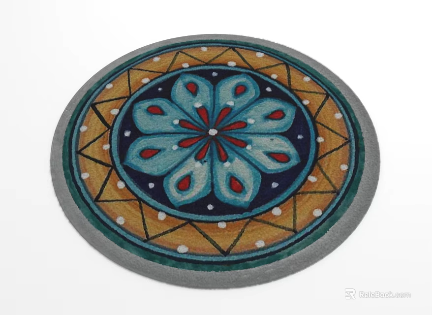 Decorative Round Rug With Intricate Floral Geometric Patterns In Blue Orange Gray Tones 3d model 