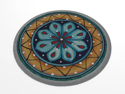 Decorative Round Rug With Intricate Floral Geometric Patterns In Blue Orange Gray Tones 3d model