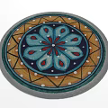 Decorative Round Rug With Intricate Floral Geometric Patterns In Blue Orange Gray Tones