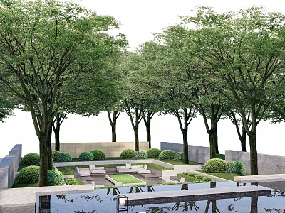 Residential Landscape Design With Lush Trees Neat Lawn Outdoor Sofas Trimmed Bushes And Reflective Pool 3d model