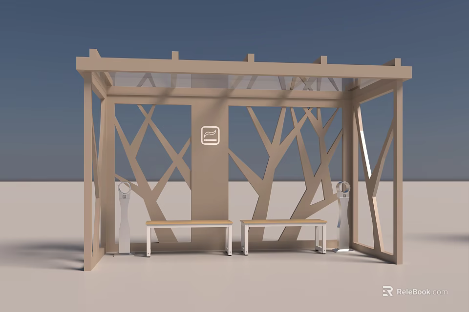Modern Wooden Frame Bus Shelter With Transparent Roof Tree Branch Pattern Design And Benches 3d model 