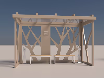 Modern Wooden Frame Bus Shelter With Transparent Roof Tree Branch Pattern Design And Benches 3d model