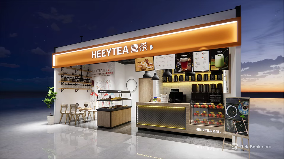 Modern Milk Tea Shop Interior Design With Bright Drink Display Counter And Comfortable Seating Area 3d model 