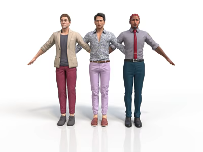 Three Men Standing With Arms Outstretched In Different Casual And Formal Outfits 3d model